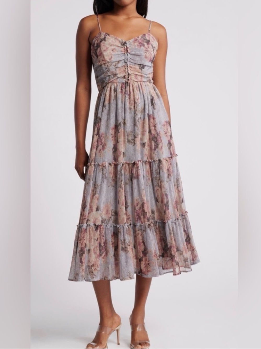 Chelsea28 Pink and Gray Floral Tiered Maxi Dress